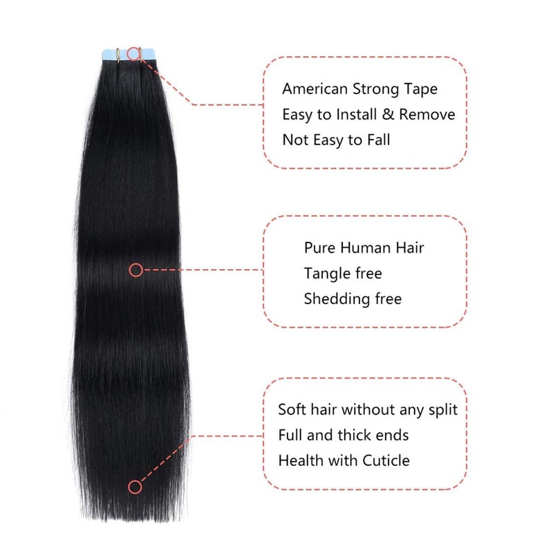 YILITE Tape in Human Hair Extensions 22 inches 20pcs 50g Silky Straight Human Hair Extensions Tape in Jet Black Color Hair Extensions - Image 2